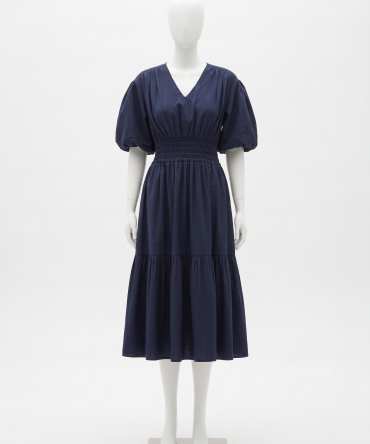 V-Neck Smocked Waist Tiered Midi