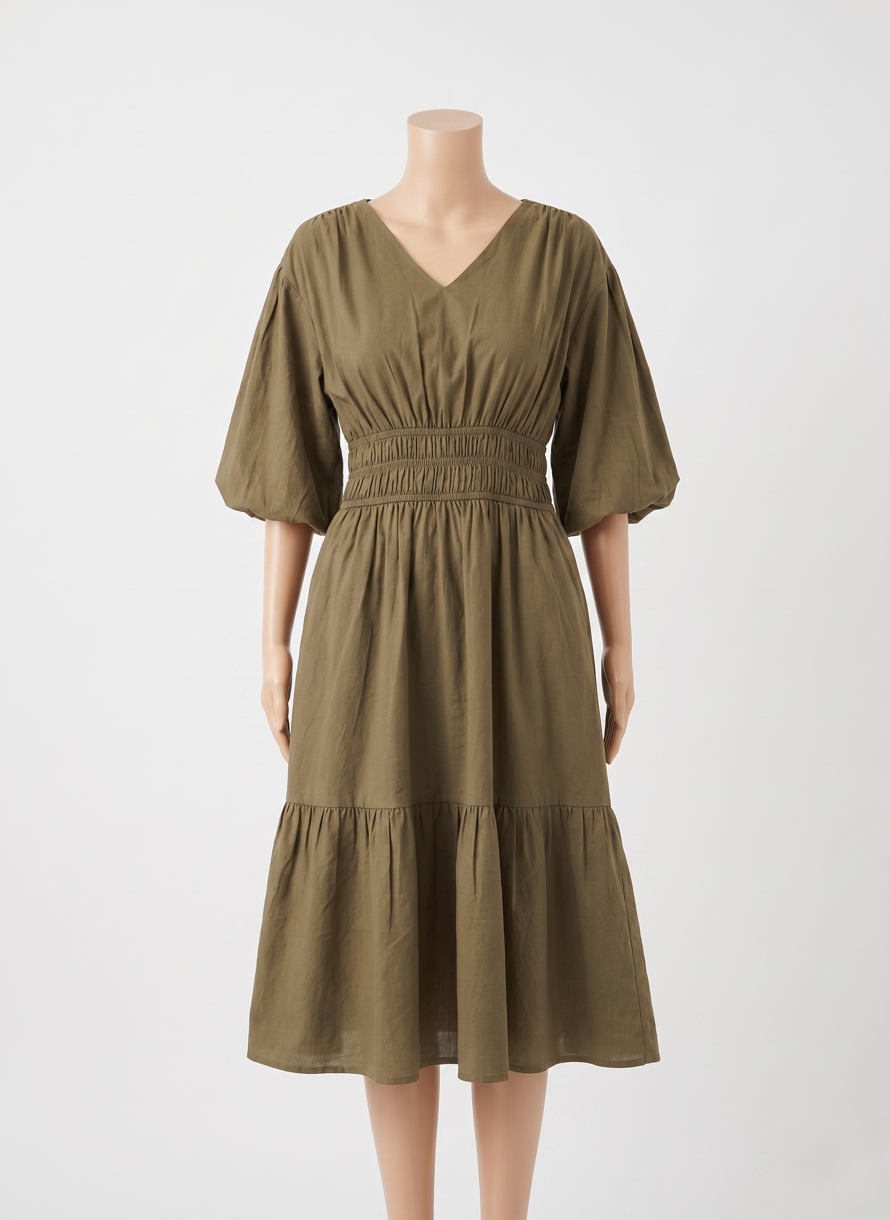 V-Neck Tiered Midi Olive Green