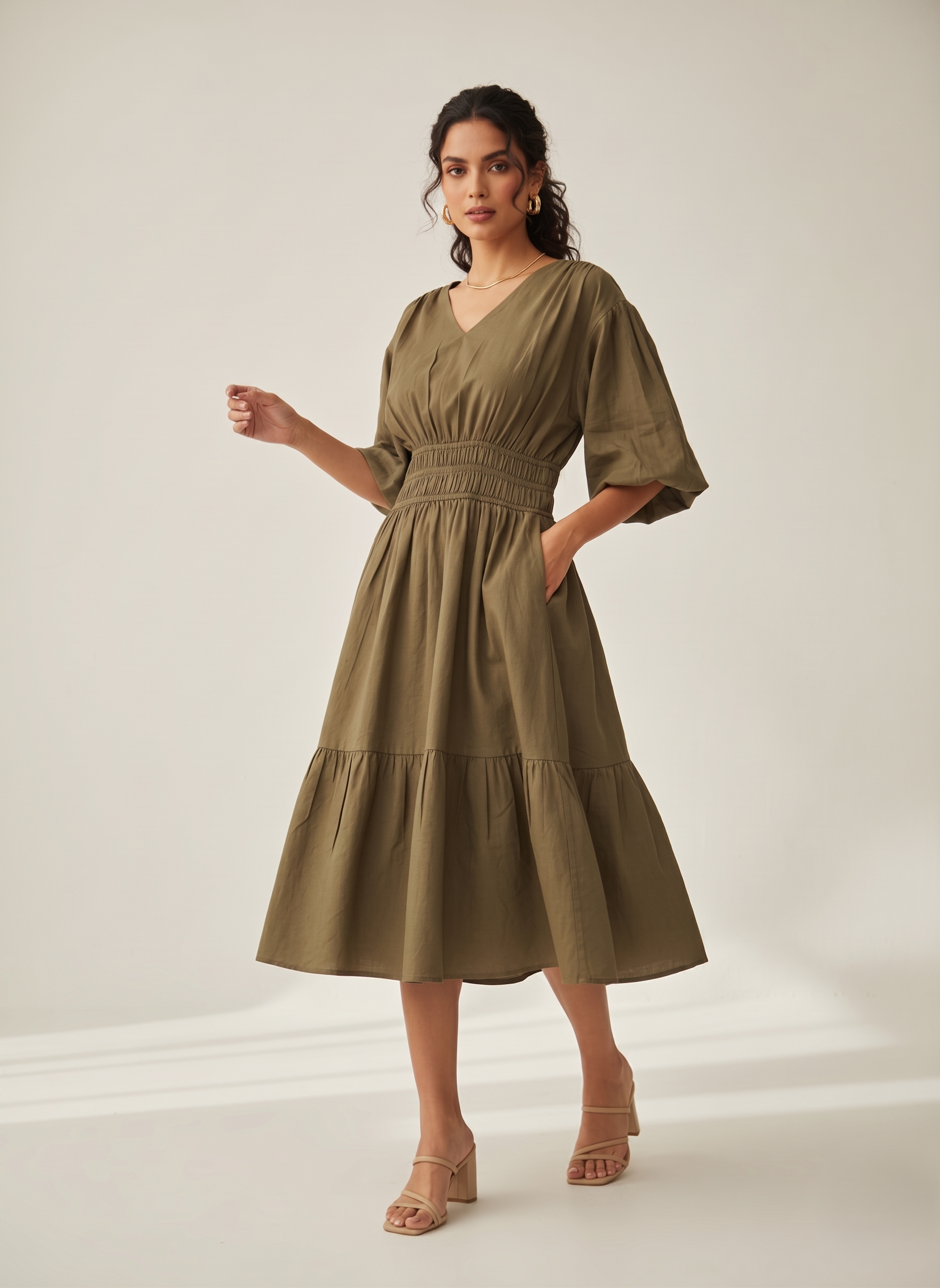 V-Neck Tiered Midi Olive Green - Image 2