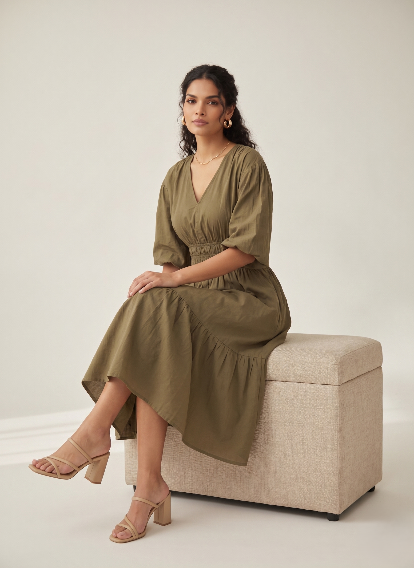 V-Neck Tiered Midi Olive Green - Image 3
