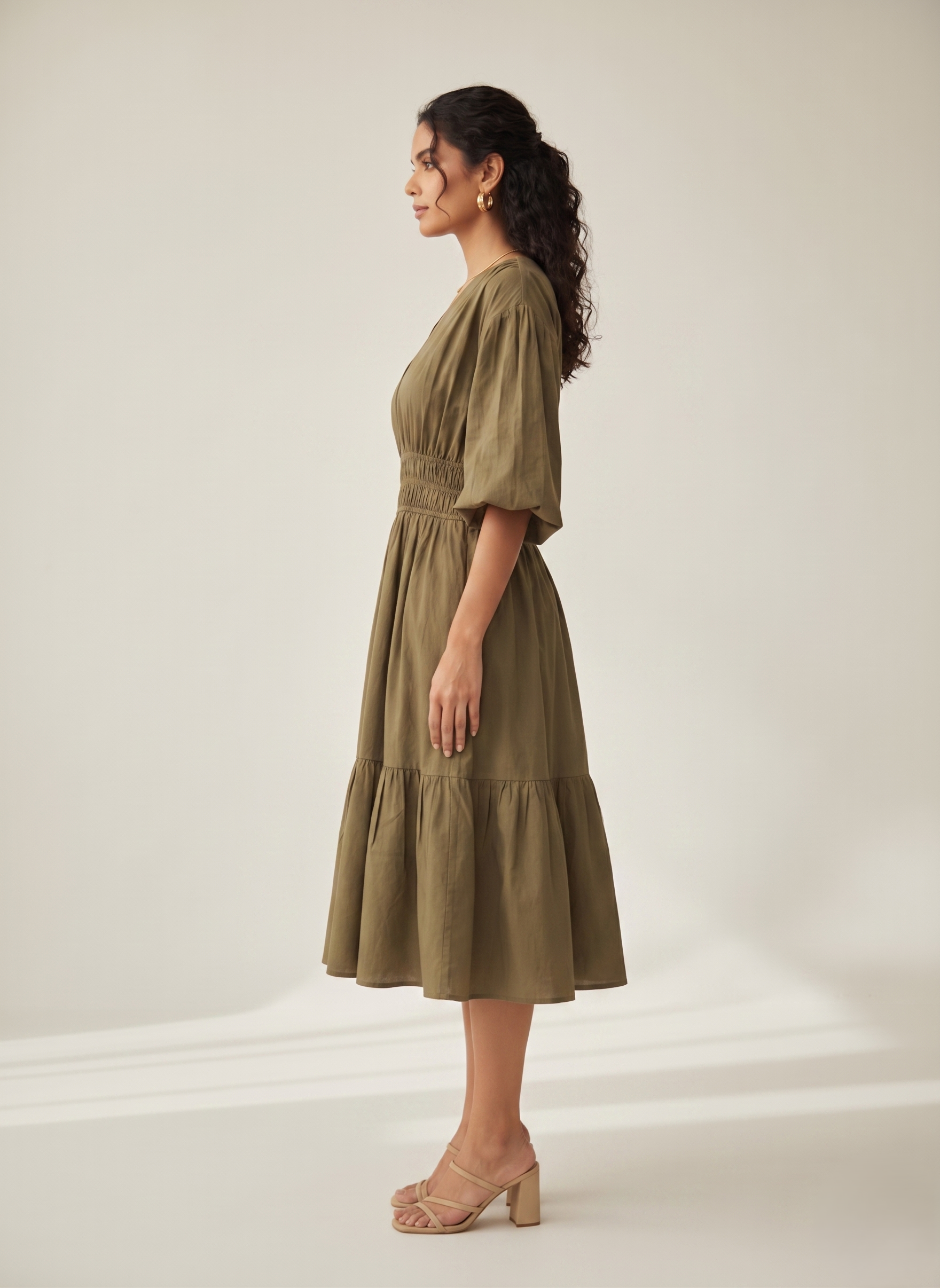 V-Neck Tiered Midi Olive Green - Image 4