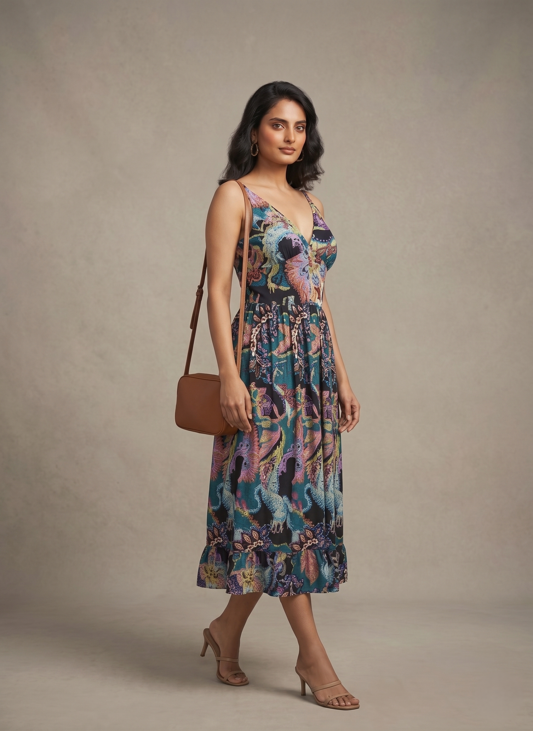 Printed V-Neck Midi Dress - Image 3