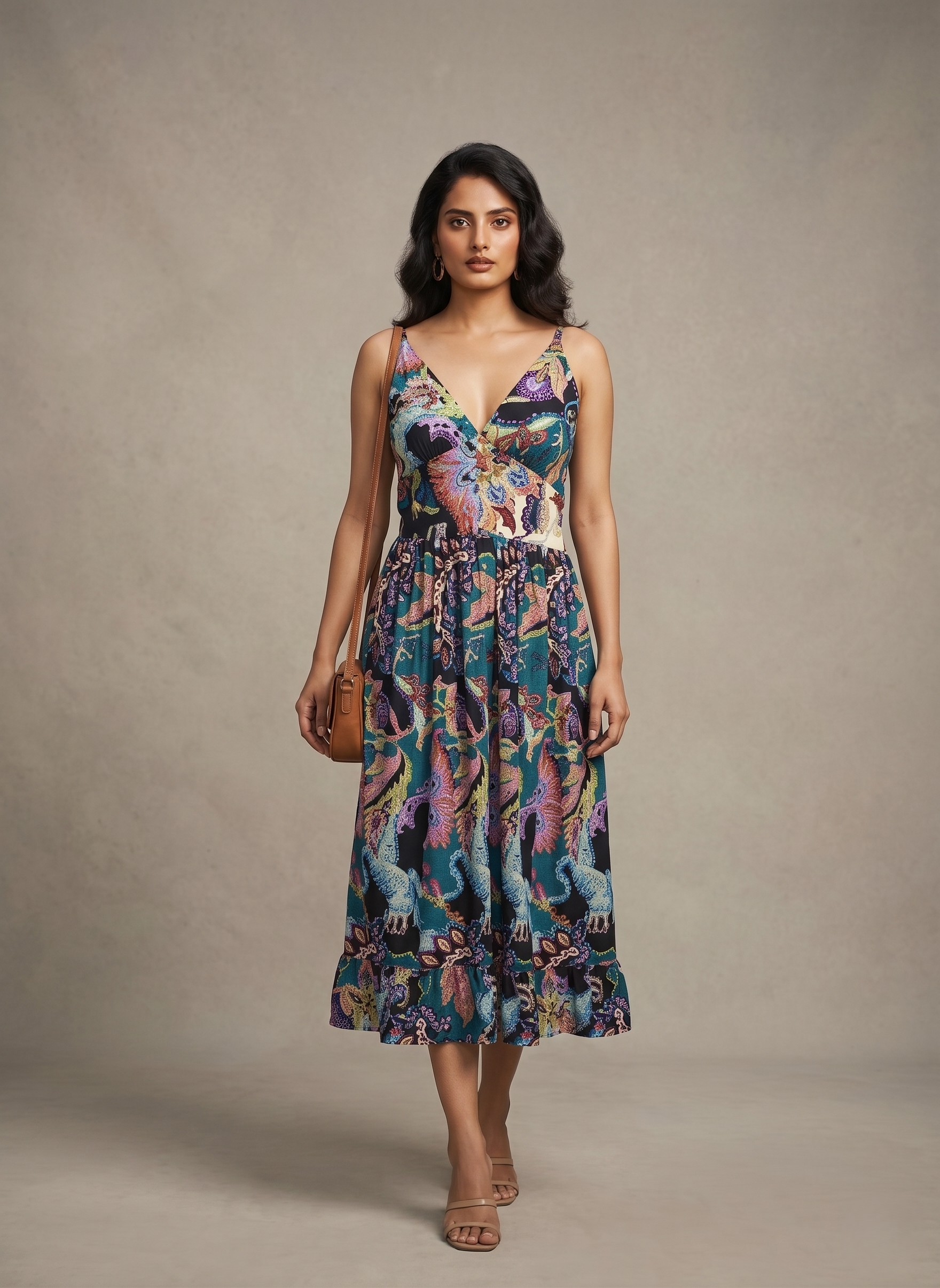 Printed V-Neck Midi Dress - Image 2