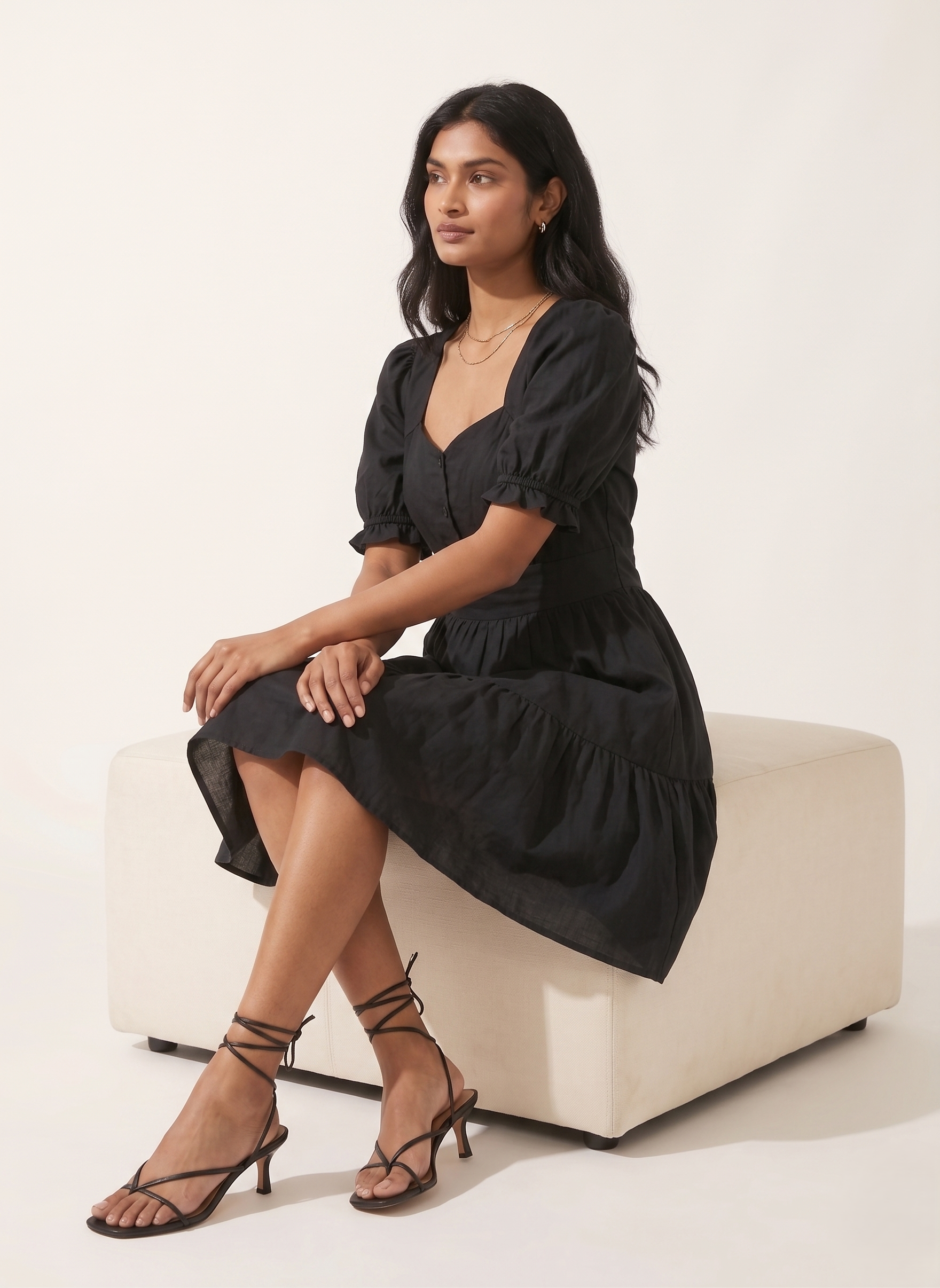 Puff Sleeve Black Midi Dress - Image 4
