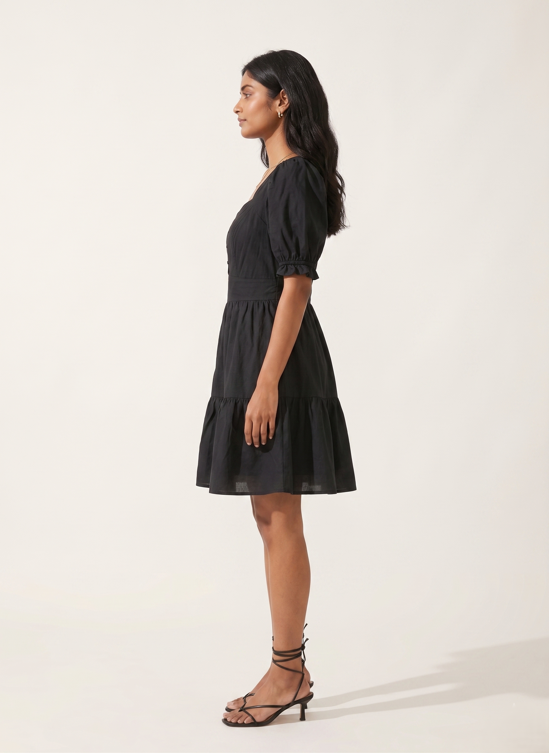 Puff Sleeve Black Midi Dress - Image 3