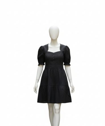 Puff Sleeve Black Midi Dress