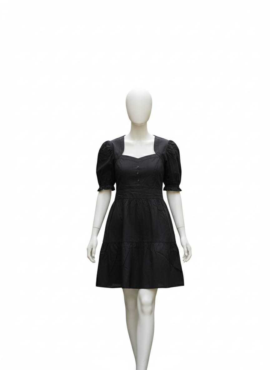 Puff Sleeve Black Midi Dress