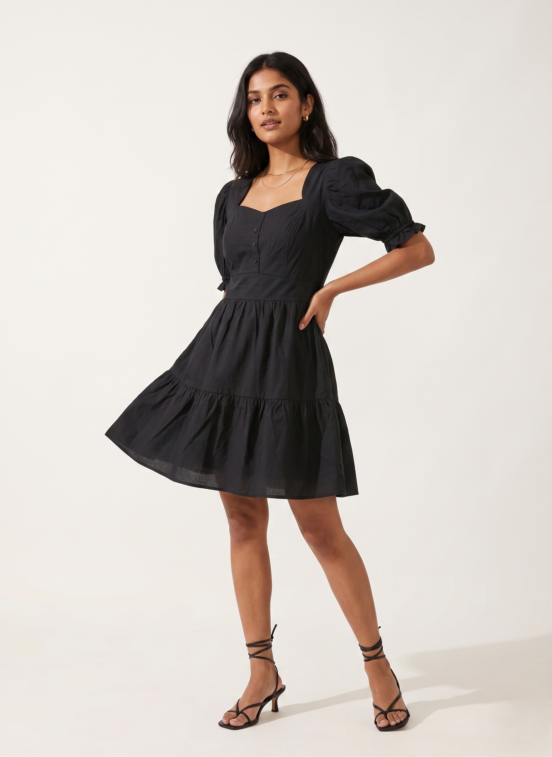Puff Sleeve Black Midi Dress - Image 2