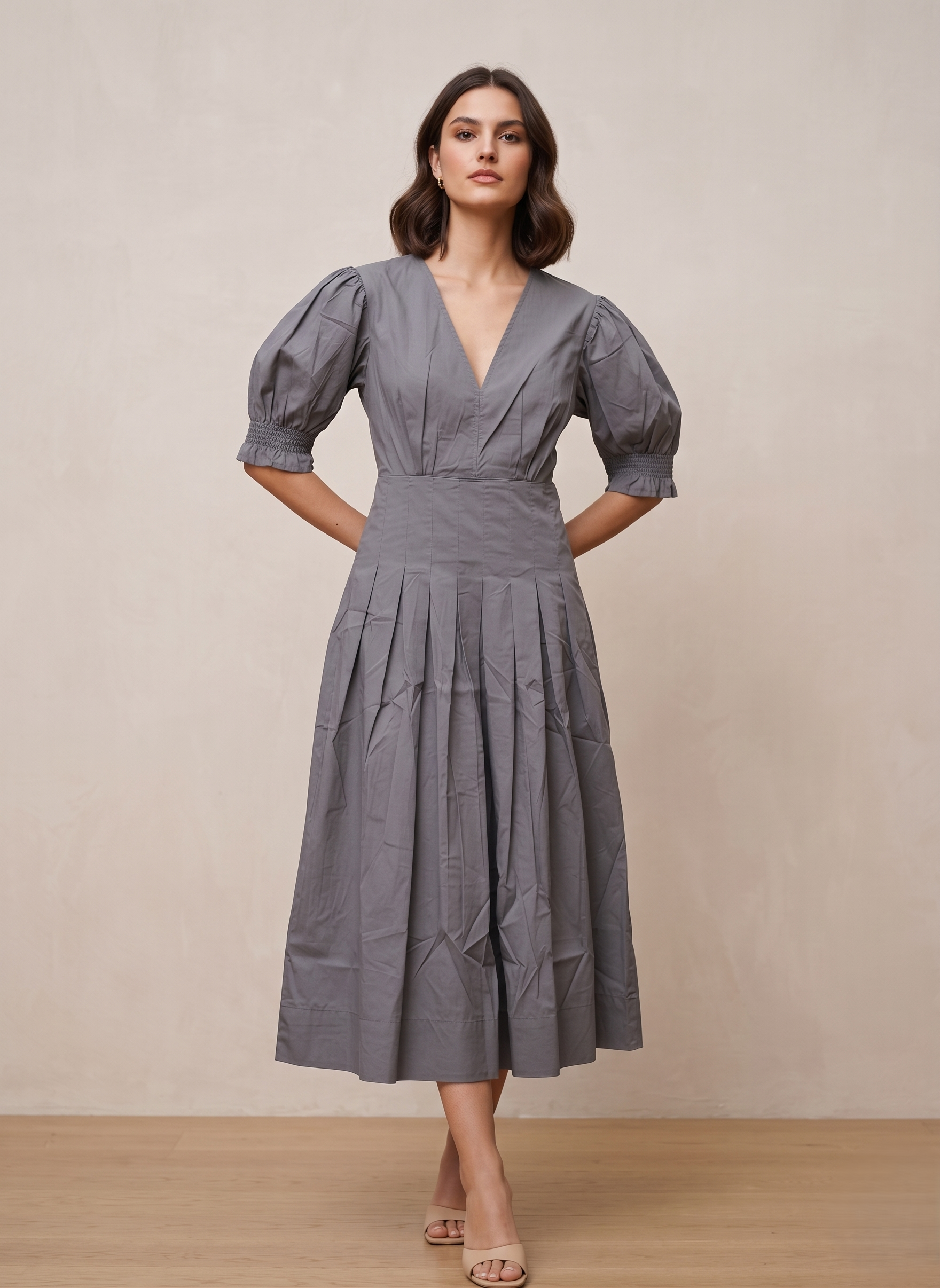 V-Neck Pleated Midi Dress - Image 4