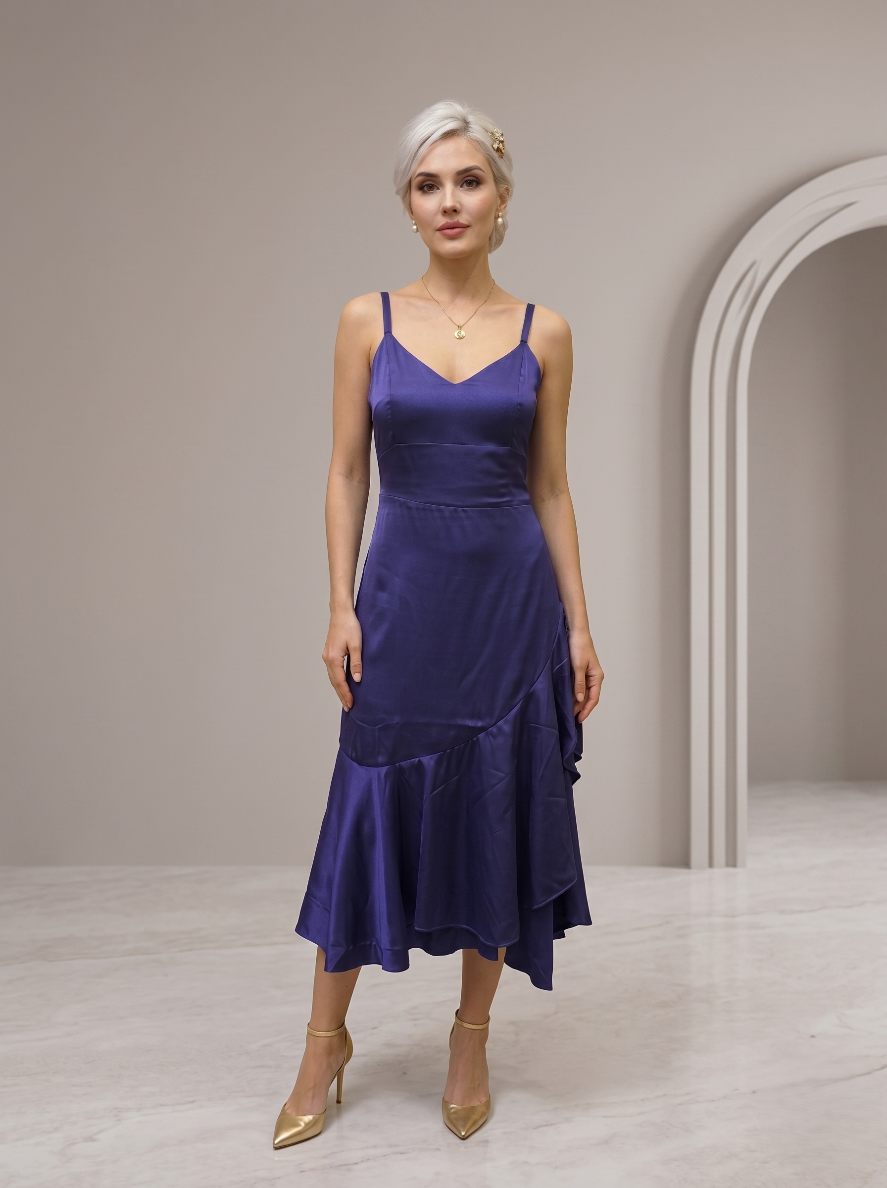 Satin Asymmetric Ruffle Dress - Image 2