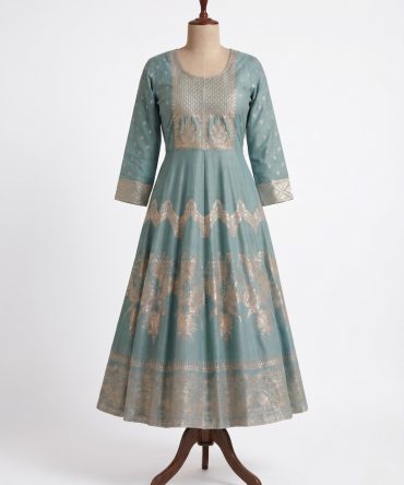 Teal Blue Golden Embroidered Kurti