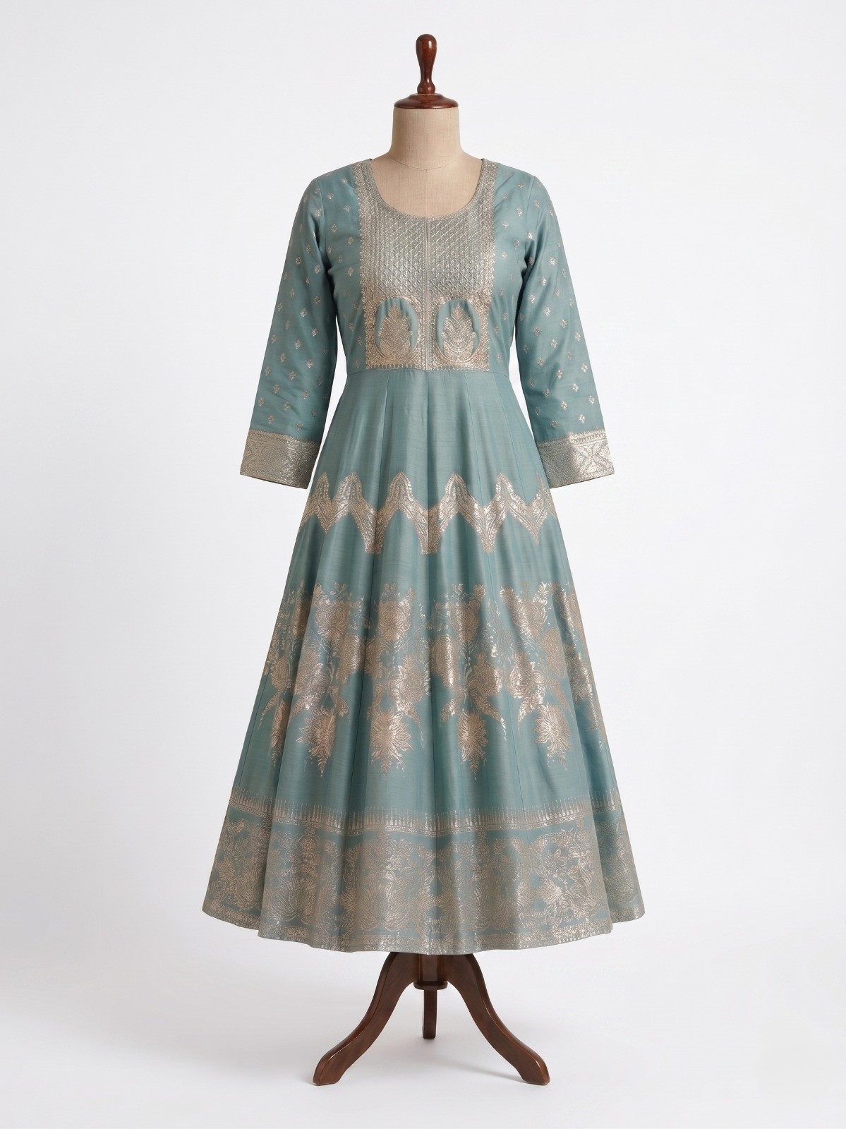Teal Blue Golden Embroidered Kurti