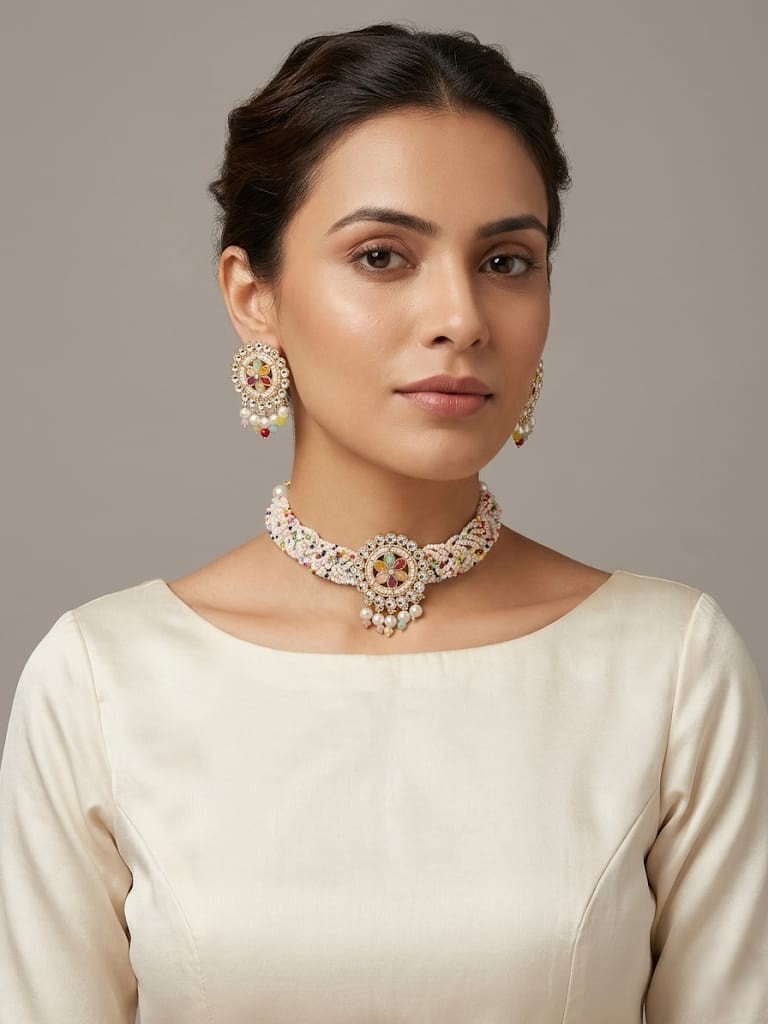 Kundan & Navratna-inspired Pearl Choker Set - Image 2