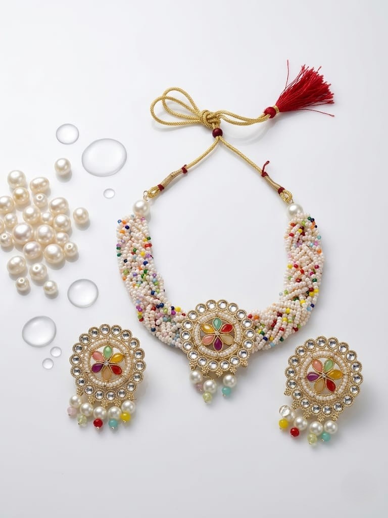 Kundan & Navratna-inspired Pearl Choker Set - Image 3