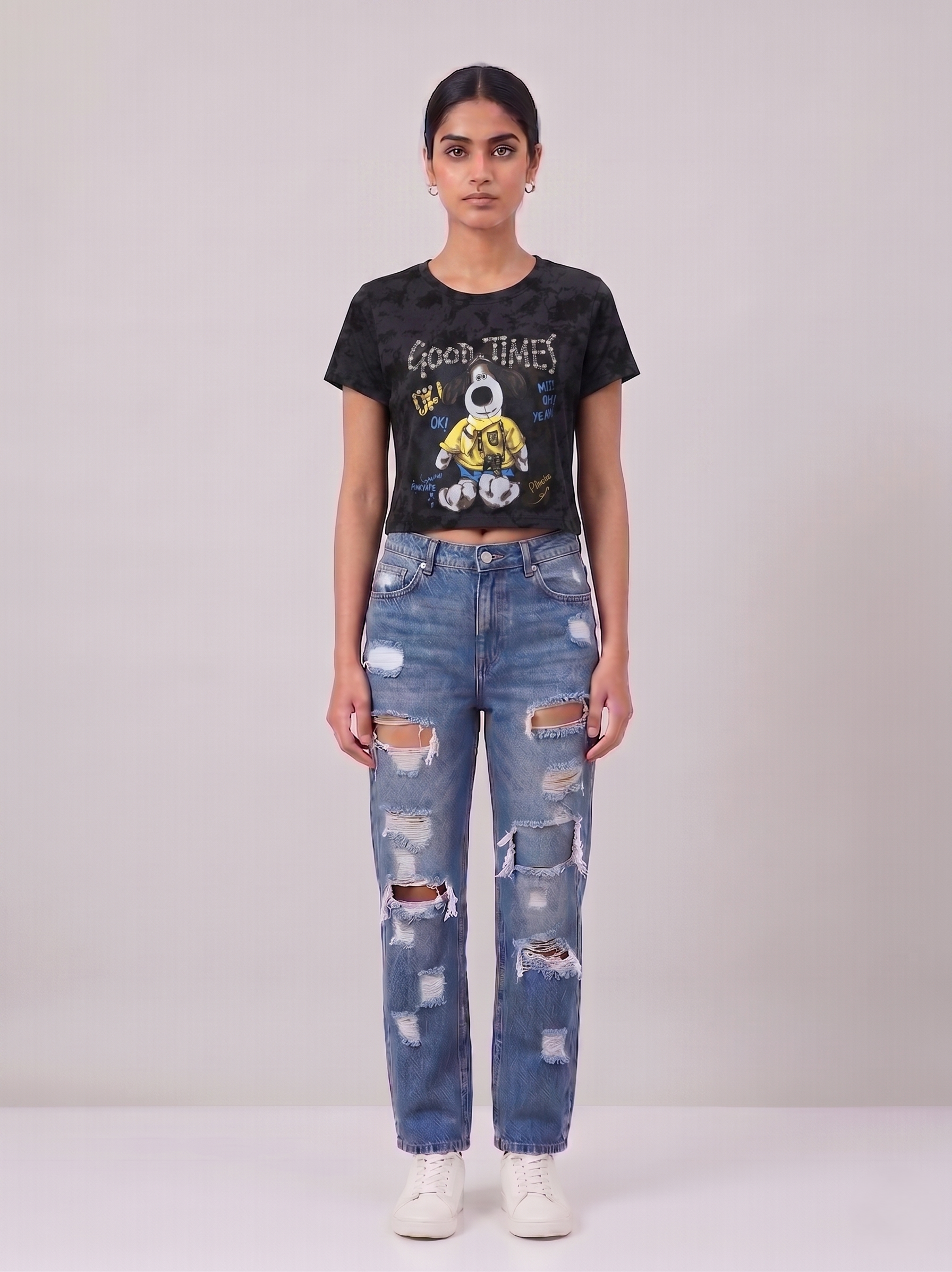 Korean Cartoon Print Tie Day Crop Top - Image 3