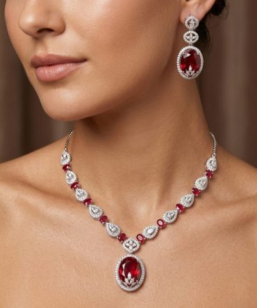 Elegant Crimson Ruby Halo Necklace Set
